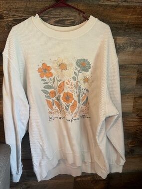 Pink Lily Cream Floral Graphic Waffle Sweatshirt with Orange & Sage Flowers